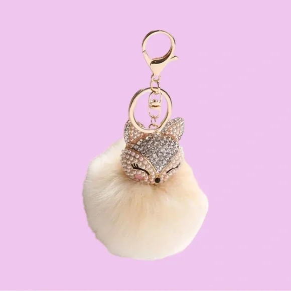 Fluffy Fox Bag Charm Keychain - Cream - Pearl & Rhinestone Pom Accessory - Picture 4 of 4